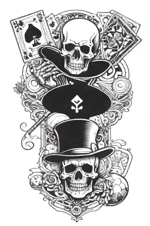Skeleton With Magician Hat And Cards And Eight Ball