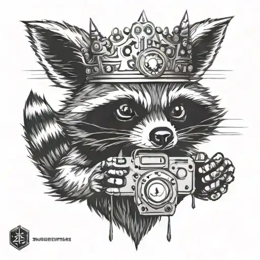 Raccoon Whith A Crown Holding A Controller Which A Robotic Leg