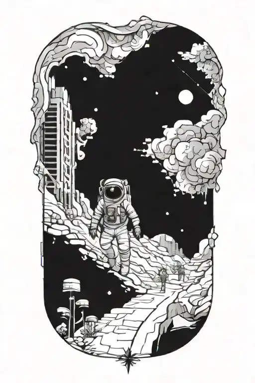 Astronaut Walking Down Road In Abandoned Metropolis Crumbling Skyscrapers Under Cosmic Sky