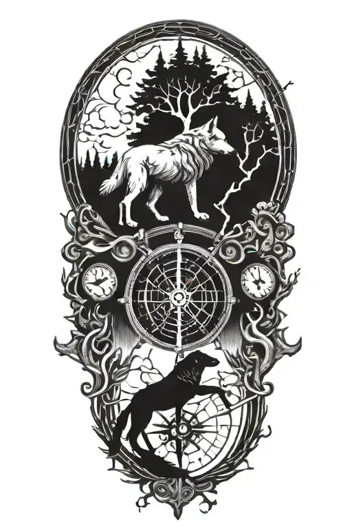 Yggdrasil Viking Compass Two Wolves Mjolnir
