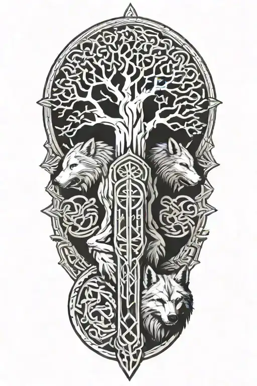 Yggdrasil Viking Runes Two Wolves Mjolnir
