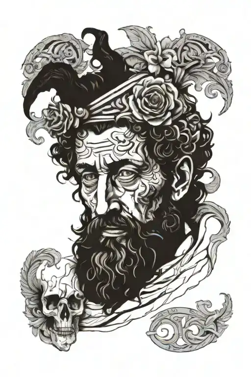 Marcus Aurelius Partial Face With Stoicism Symbols Including Memento Mori