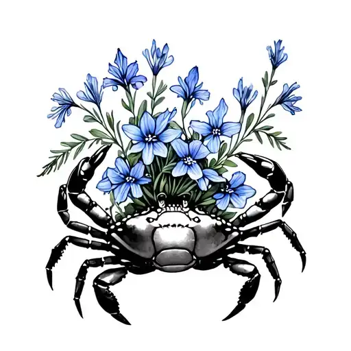 Crab Holding Bouquet Of Larkspur In Each Pincher For Cover Up