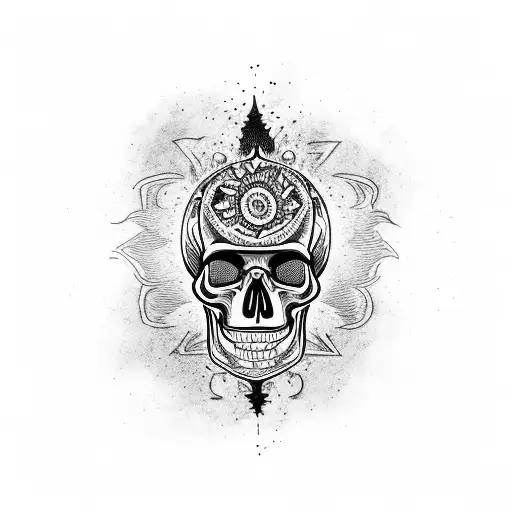 Skull Surrounded By Tribal Flames In Blackwork Style
