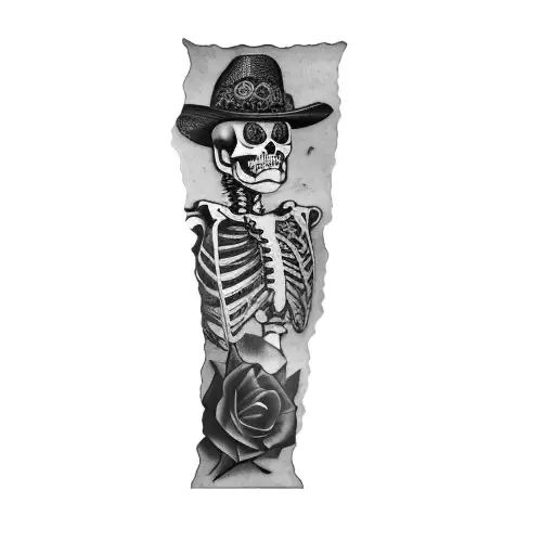 A Skeleton Wearing A Sombrero And Roses