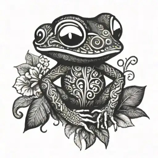 Coqui Frog Taino With Musical And Floral Patterns Around It