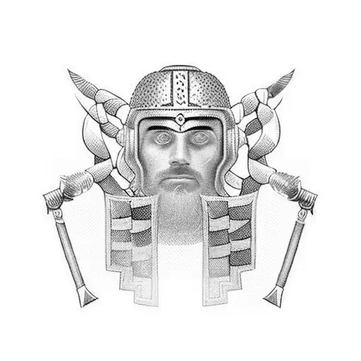 Combine A Greek Warrior Helmet And A Binary Code Pattern In A Blackwork Style