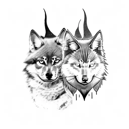 Shadow Wolf And Cat Sitting Side By Side