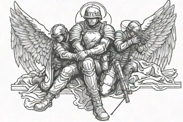 Soldier Kneeling With Angel Behind Protecting Him From Blast