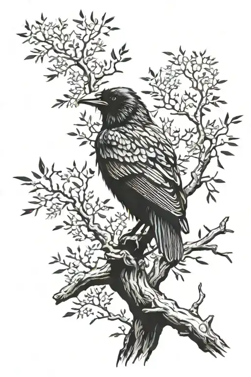 Raven Perched On A Tree Branch Facing Forwards