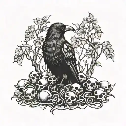 Crow Sitting Upon A Nest Of Skulls