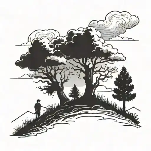 Boy Standing On Hill Next To Tree From Far With Clouds And Thunder