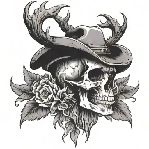 Human Skull Wearing Cowboy Hat With Antlers