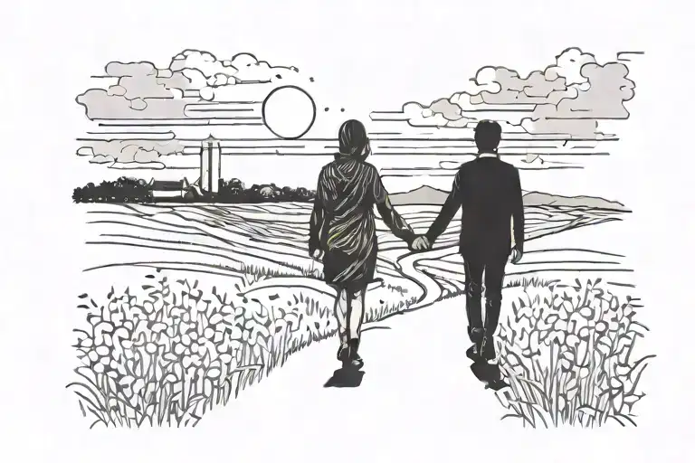 Field With 2 People Holding Hands Walking To Sunset
