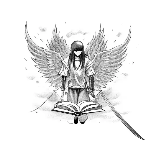 A Volleyball Player With Wings Holding A Sword In One Hand And A Manga Book In The Other