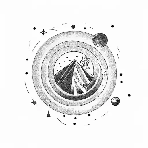 A Blackwork Tattoo Of A Mountaintop With A Spiral Galaxy And Shooting Stars Above