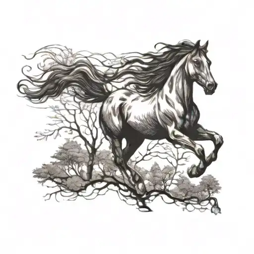 A Blackwork Tattoo Of A Majestic Horse Galloping Through A Forest