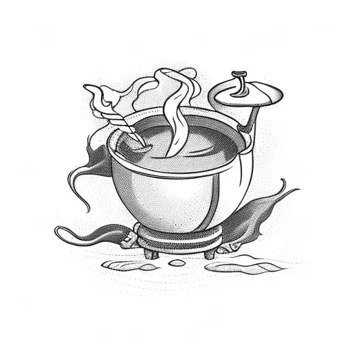 A Blackwork Tattoo Of A Witch Brewing Tea With A Cauldron Made Of Hair