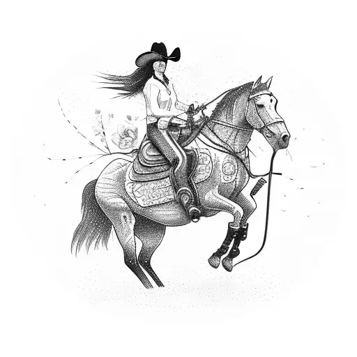 A Barrel Racing Cowgirl Riding A Horse Made Of Barbed Wire And Surrounded By Flowers