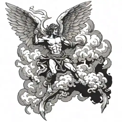 An Angel Fighting Demon Over Hell With Clouds