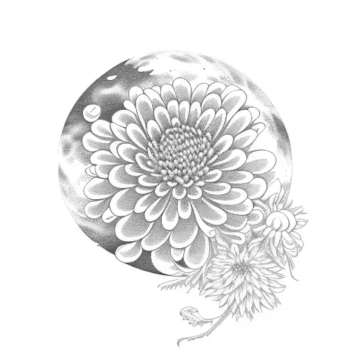 Waning Gibbous Moon Surrounded By Chrysanthemums