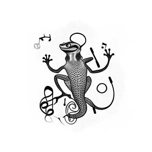 A Gecko Playing A Musical Instrument In A Forest