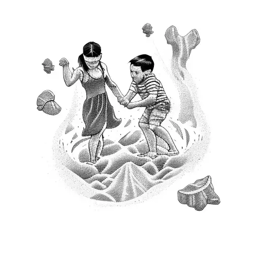 A Tattoo Design Featuring Your Son And Daughter Playing On The Beach