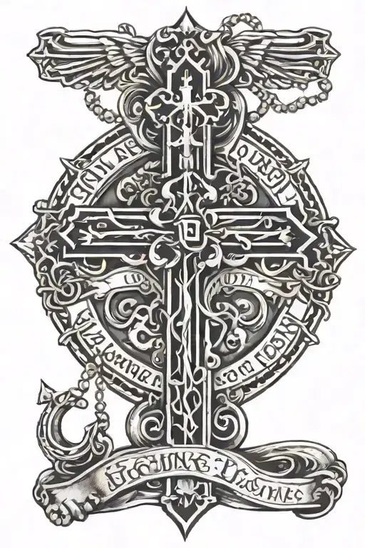 Tattoo With Praying Hands And A Memorial Name Banner And Rosary Beads And Cross