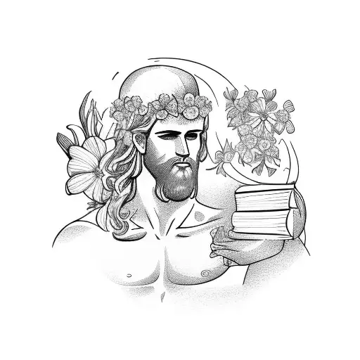 A Greek God Holding A Book And Garlic And Has Wild Flowers In His Hair