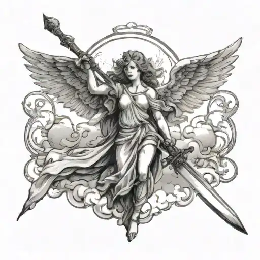 An Angel With Wingd And A Sword In Sky