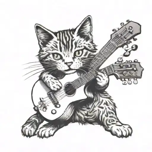 A Blackwork Tattoo Of A Cat Playing A Guitar