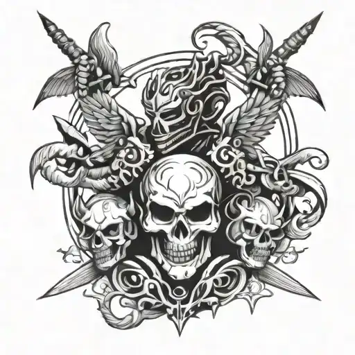 The Word Angel Surrounded By An Oni Mask And Three Katanas