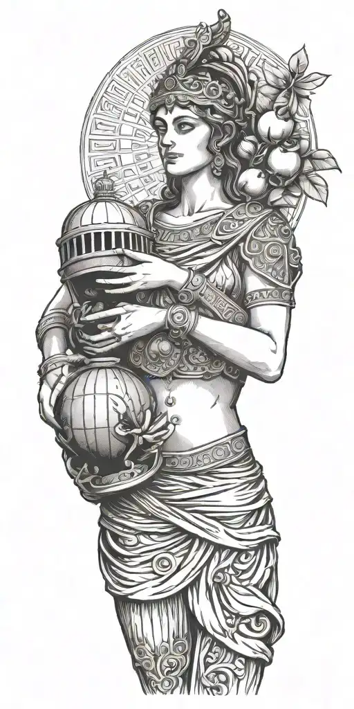 Greek Goddess Holding A Pomegranat Right Hand And Holding A Helmet On The Left Hand