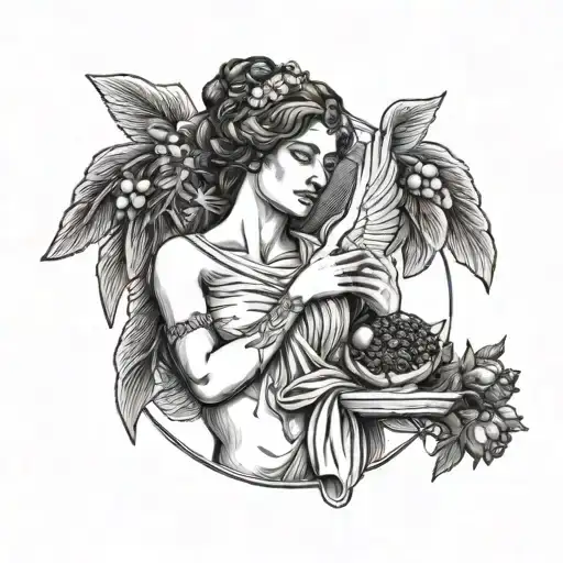 Greek Goddess With Broken Wings Holding A Pomegranate Fruit With Right Hand