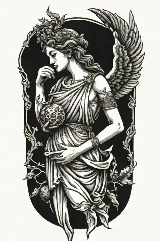 Greek Goddess With Broken Wings Holding A Pomegranate Fruit With Right Hand
