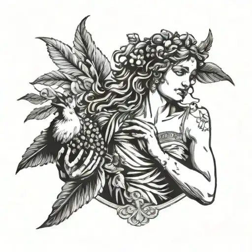 Greek Goddess With Broken Wings Holding A Pomegranate Fruit With Right Hand