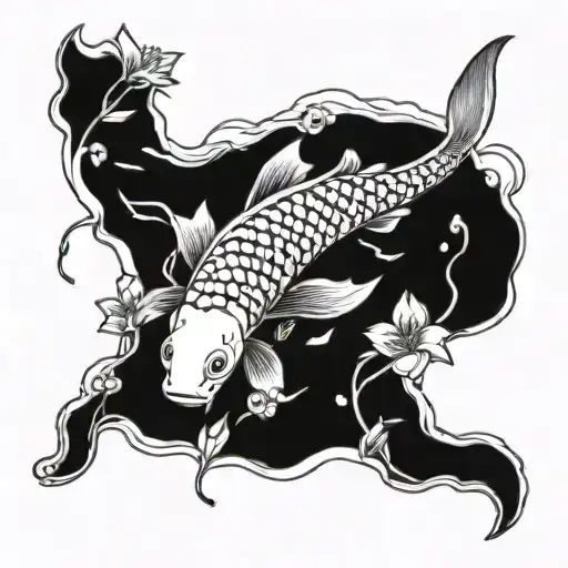 A Serene Scene Of A Koi Fish Surrounded By Blooming Aster Flowers In A Traditional Japanese Style