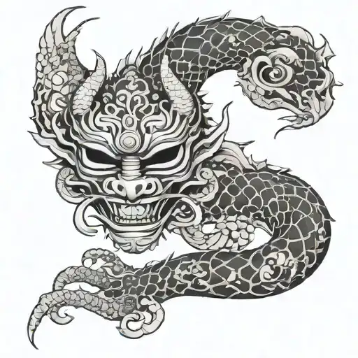 A Japanese Mask And A Dragon That Wraps Around The Leg And Passes Through The Mask