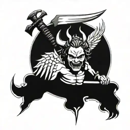 The Word Angel Surrounded By An Oni Mask And Three Katanas