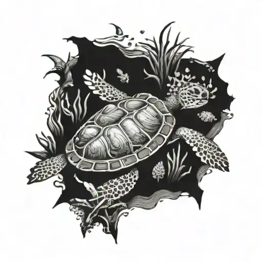 A Serene Underwater Scene With A Turtle Swimming Peacefully Among Colorful Sea Creatures