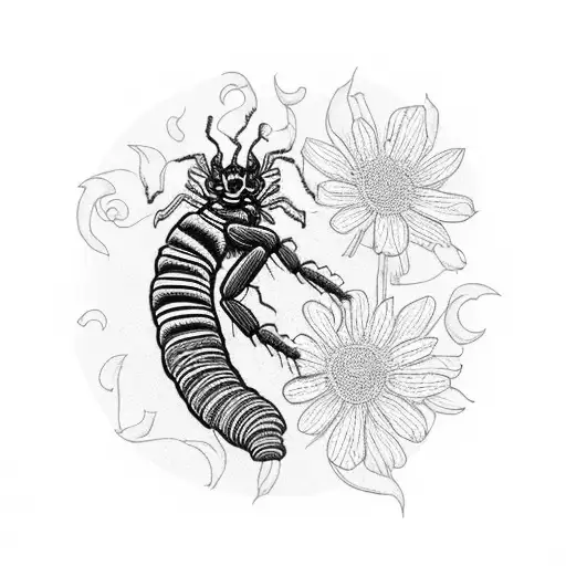 A Hauntingly Beautiful Blackwork Tattoo Of A Centipede Crawling Through A Field Of Flowers