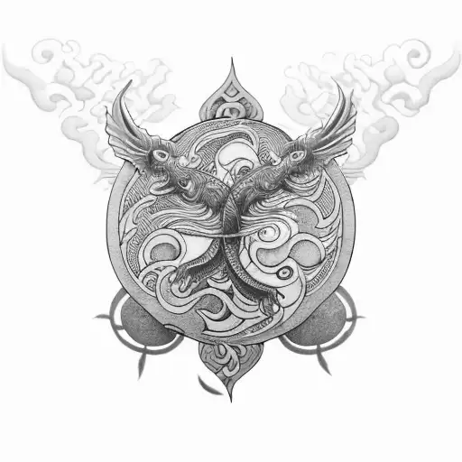 Yin And Yang With A Sword Going Through It And Nature Elements