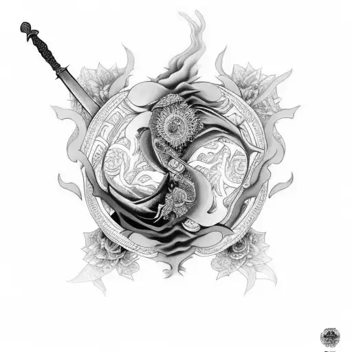 Yin And Yang With A Sword Behind It Surounded In Flowers
