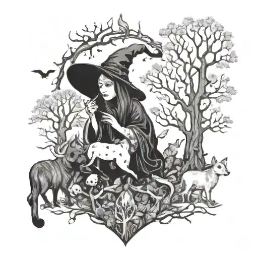 A Mystical Forest Scene With A Witch Casting Spells Surrounded By Animals