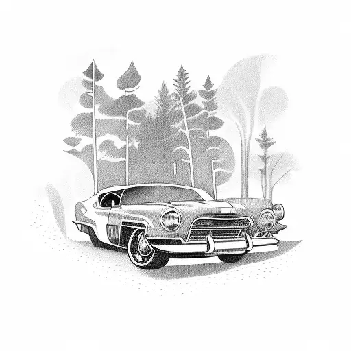 A Vintage Car Driving Through A Lush Forest