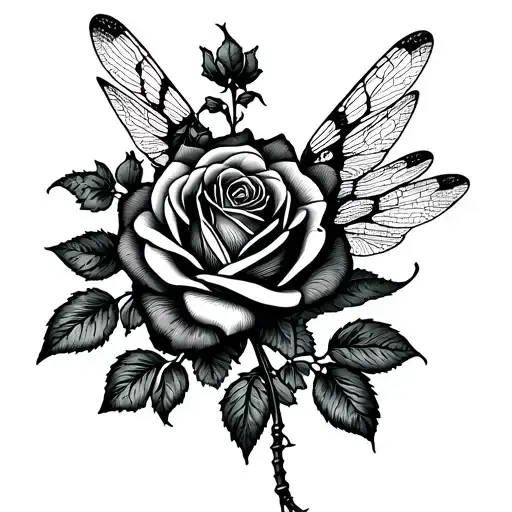 Rose And Dragonfly With Open Wings