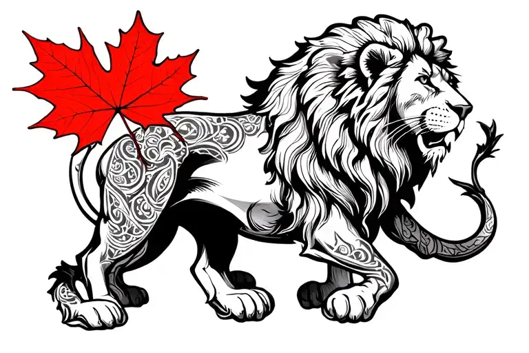 Full Body Lion Holding A Maple Leaf