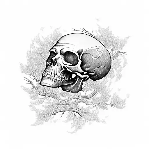 A Hauntingly Beautiful Skull Adorned With Intricate Tree Roots And Branches