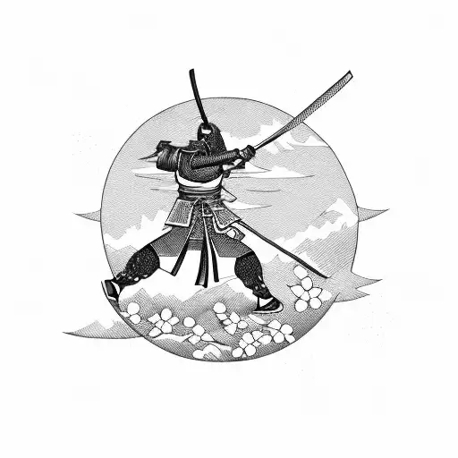 A Fierce Samurai Warrior Standing Atop Mount Fuji With Cherry Blossoms Falling Around Him