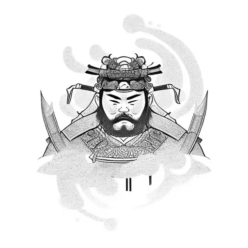 A Samurai Together With Oriental Waves And Cherry Blossom